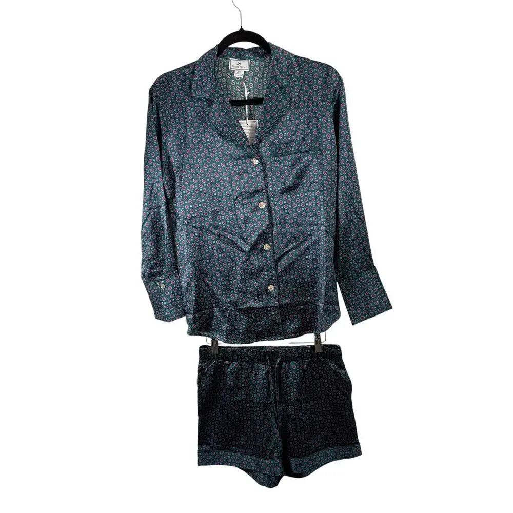 Petite Plume 100% Silk Mulberry Emerald Foulard Long Sleeve Short Pajama Set XS